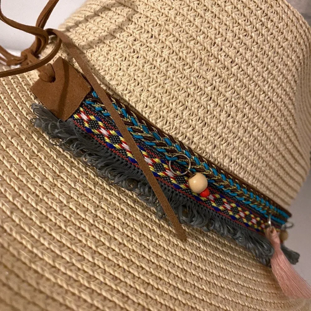 Turquoise Beaded Fringe Straw Sun Hat